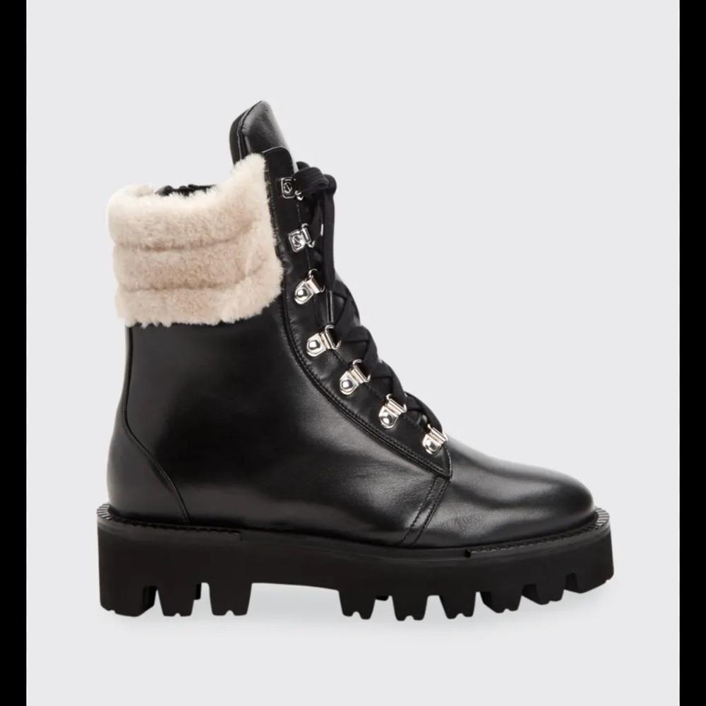 Aquatalia Weatherproof Black Leather Lug Sole Boot w Shearling trim